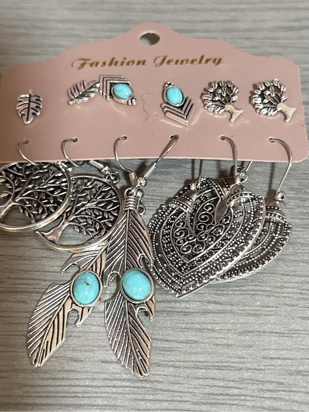 Silver Boho Feather & Turquoise Earring Set